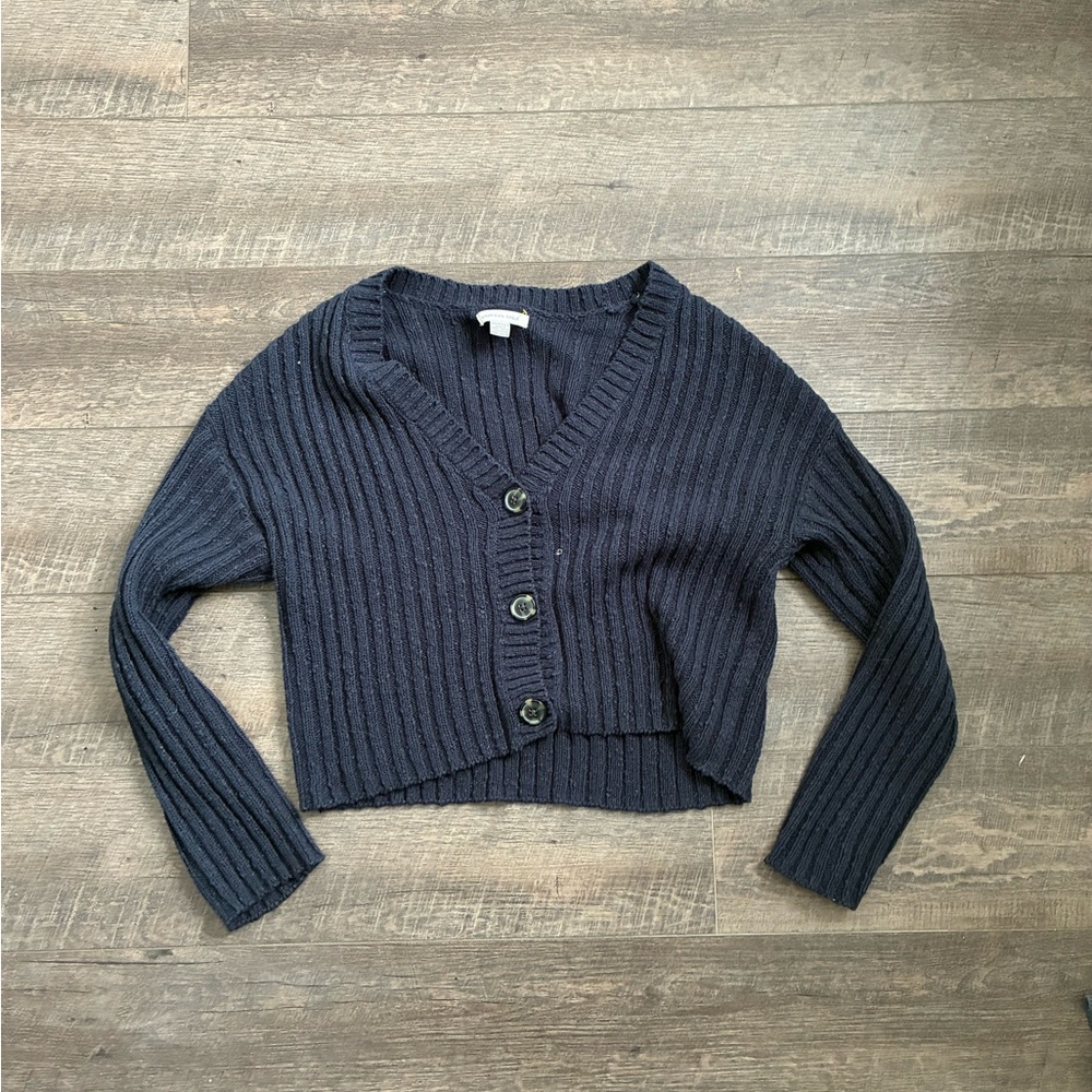 American Eagle Outfitters Cropped Ribbed V-Neck Cardigan - Navy